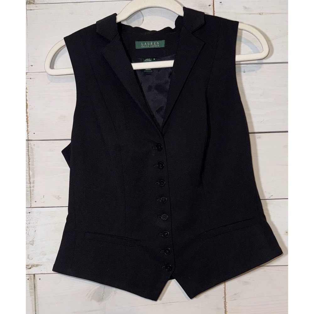Lauren Ralph Lauren Black Wool Button Front Vest Size Large Vintage 90s Medium